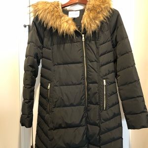 FAUX FUR TRIM HOOD ASYMMETRICAL DOWN PUFFER COAT
